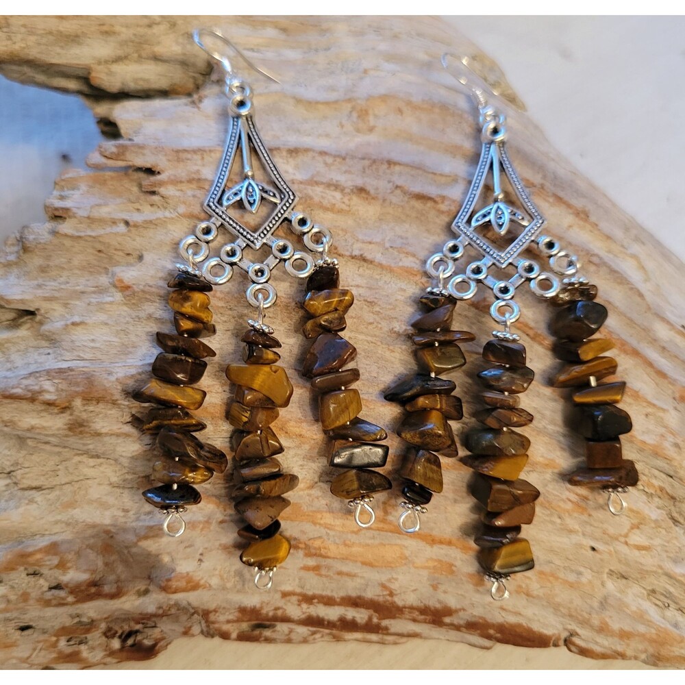 Handcrafted Tigers Eye Nugget Chandelier Style Earrings